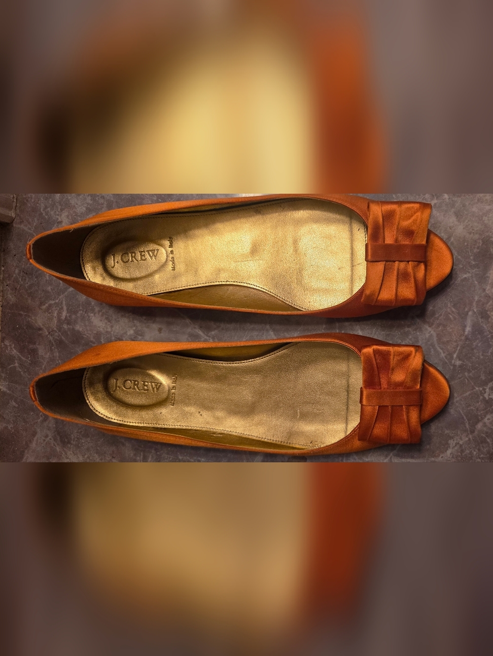 J. Crew Orange Satin Peep-Toe Bow Flats